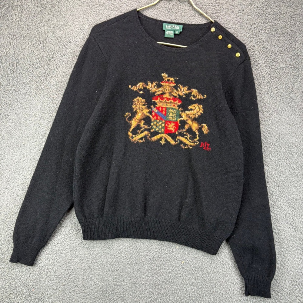 Lauren Ralph Lauren Black 100% Lambswool Crest Sweater XL Gold Shoulder Buttons